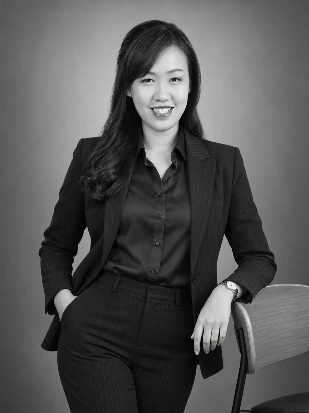 Black-and-white professional portrait of Vivien Lim
